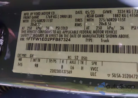 2023 Ford F-150 Platinum z USA, uszkodzony, nr VIN 1FTFW1ED2PFB87324